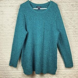 LANDS END Aqua Green Confetti Rag Sweater Wool Blend XL